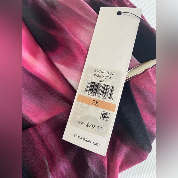 NEW Plus Size 2X Calvin Klein Abstract Scoop Neck SilverPin Sheer Sleeve Blouse - Picture 10 of 10